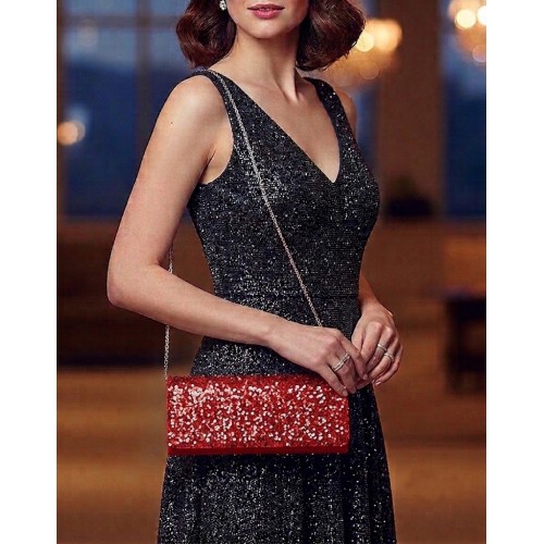 Evening Bag - Sequined Clutch w/Concealable Chain Strap - Red - BG-90955R